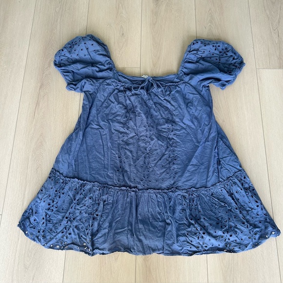 AE American Eagle Blue Eyelet Puff-Sleeve Swing Mini Dress Large Pockets Lined - Picture 5 of 9